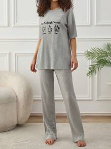 SHEIN Cottnline Women Contrast Colour Cute Items Detail Basic Homewear Lounge Set - Light Grey - View 6