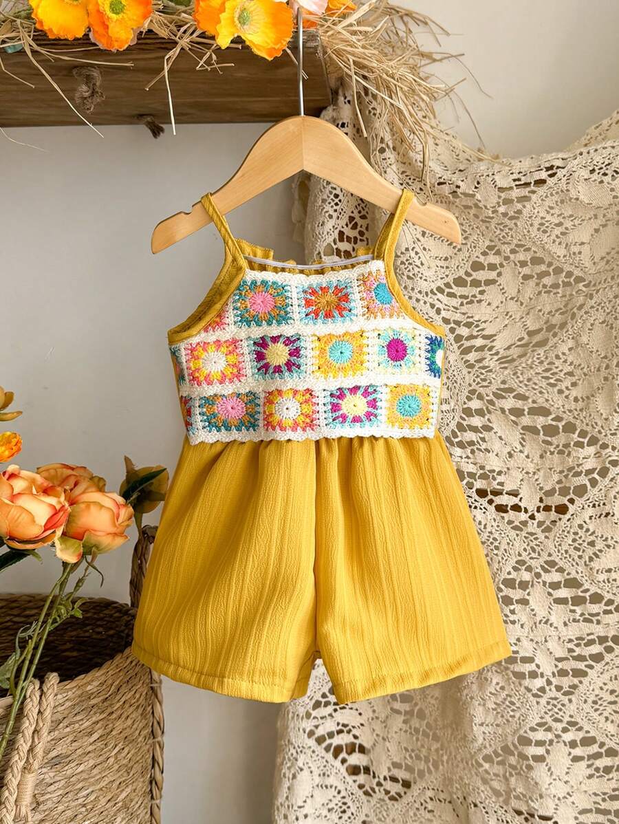 SHEIN 女婴休闲度假钩针编织波浪纹理面料连体裤,适合户外穿着 - 黃色 - 查看 1