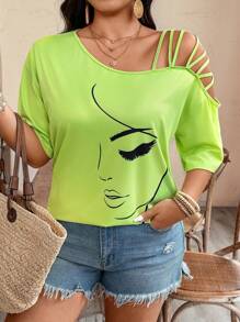 EMERY ROSE Camiseta de manga corta con cuello asimétrico y estampado de retrato, estilo casual para tallas grandes, para verano - Verde - Ver 7