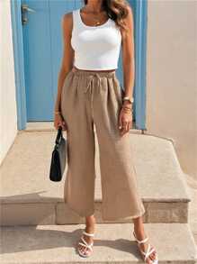 SHEIN Essnce Pantalones anchos de cintura elástica de talle alto, de verano y primavera, de estilo casual, sueltos y cómodos, ligeros y versátiles, para mujer de talla grande, en color caqui, ideales para vacaciones, playa y uso diario - Caqui - Ver 6