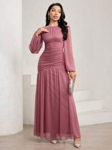 Veilorie Đầm bodycon nhún bèo tay đèn lồng màu hồng sen, vải chiffon - Bụi hồng - Xem 7