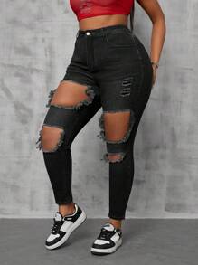 Slaydiva Plus Size Women Stretchy Blue Denim Ripped Skinny Jeans Women Spring Old Money - Black - View 4