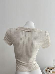 Elamini 女士圆点印花弹力修身圆领褶皱上衣 - 杏色 - 查看 2