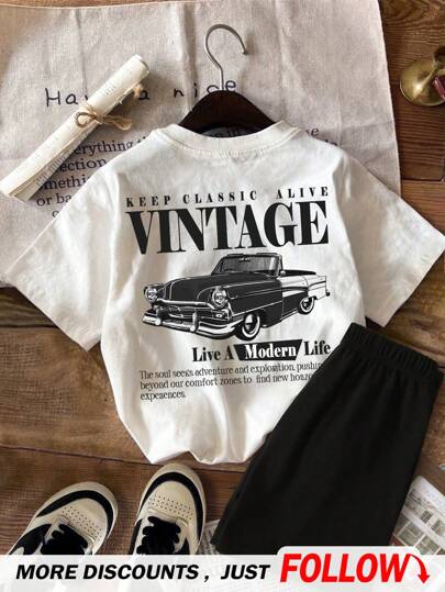 SHEIN 2pcs Tween Girl Casual Car Graphic Short Sleeve T-Shirt And Shorts Set, Suitable For Summer