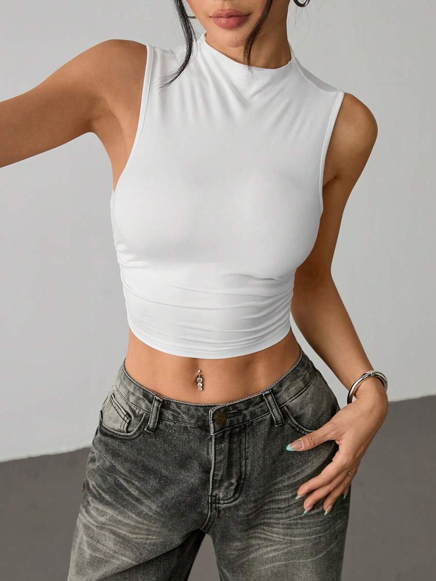 SHEIN PETITE Women's Solid Color Stand Collar Crop Fit Casual Top White - White - View 1