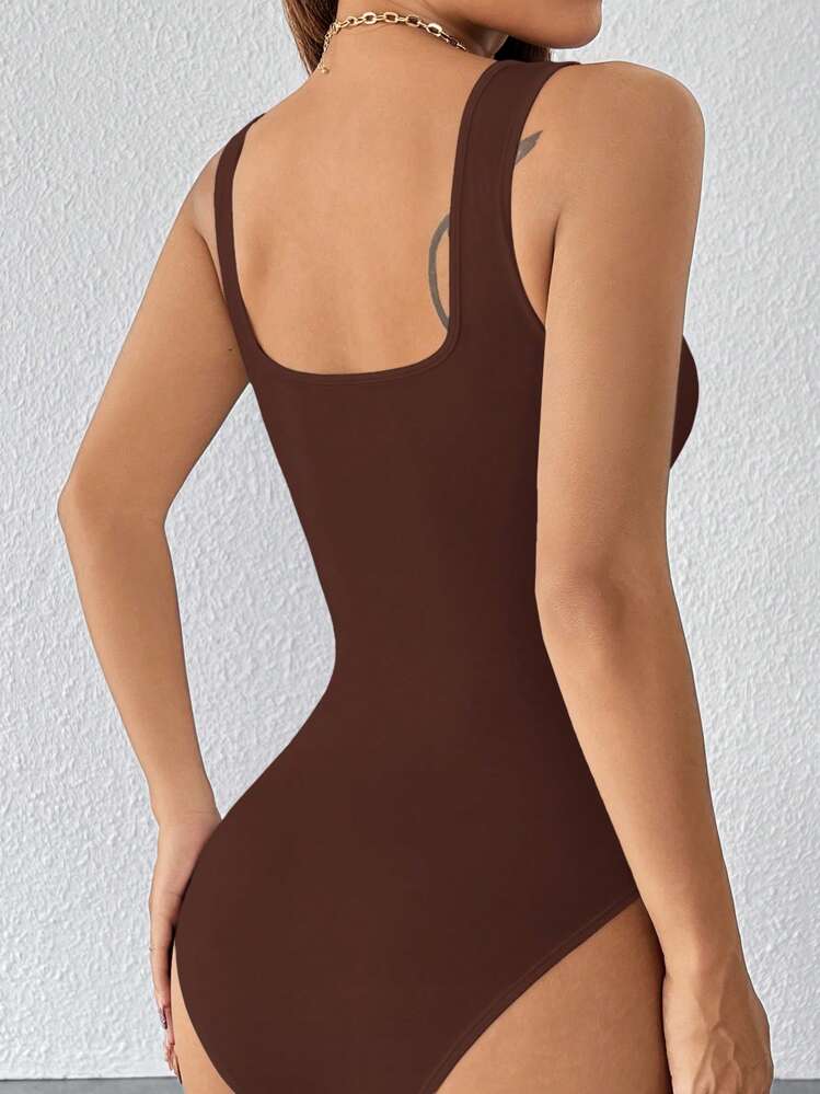 SHEIN PETITE Traje de baño de una pieza en unicolor con tirantes anchos, básico y elástico, de color blanco - Marrón - Añade 2