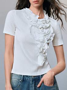 SHEIN LUNE 春夏新款时尚白色针织修身圆领三层荷叶边女式手工花朵上衣