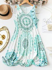 Plus Size Sleeveless Allover Print Casual Vacation Midi Dress - Mint Green - View 1
