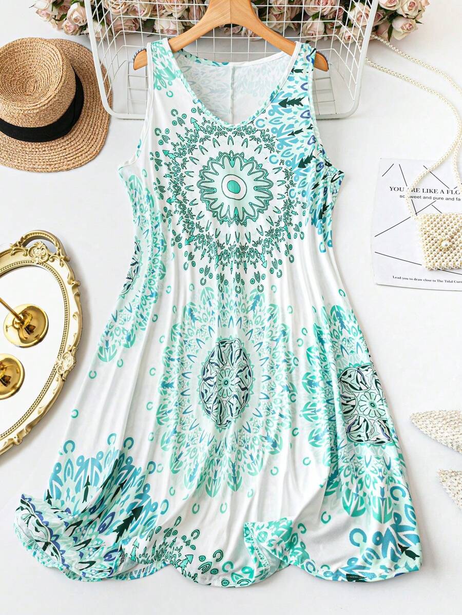 Plus Size Sleeveless Allover Print Casual Vacation Midi Dress - Mint Green - View 1