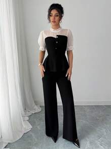 Selianne Chiffon Patchwork Shirt & Flare Leg Pants 2 Pieces Set - Black - View 6