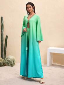 BY FELIZIA Blue Green Gradient Summer Printed Flared Long Sleeve High Slit Kimono Beachwear Maxi Kimono Vacation Swimsuit With Cover Up Bathing Suit With Cover Up Bathing Suits Cover Up Beach For Woman Swim Suits With Cover Up - Multicolor - View 6