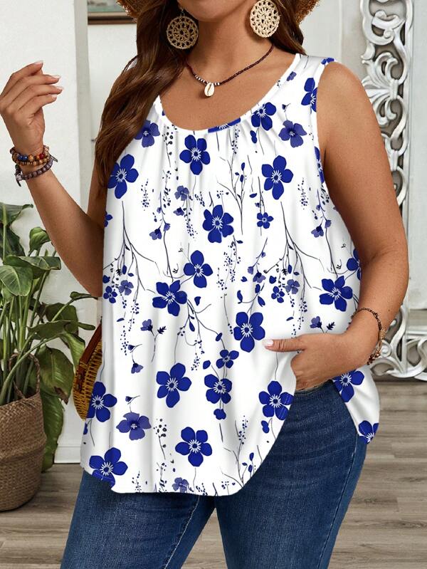 EMERY ROSE Plus Size Blue & White Floral Print Sleeveless Pleated Loose Tank Tops, Suitable For Spring & Summer Suitable For Going Out