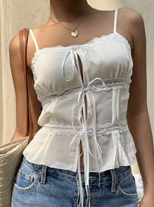 SHEIN EZwear Apricot Lace Bandeau Top For Women, Minimalist & Fashionable, Suitable For Summer - Apricot - View 3