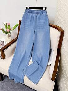 SHEIN Teen Girl's Washed Casual Soft Lightweight Spring/Summer Elastic Waist Denim Jeans - Medium Wash - View 1