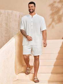 EASEVO Plus Size Men's Woven Shirt & Shorts Set