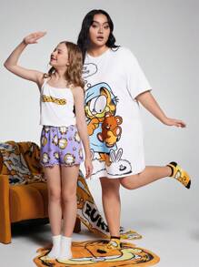 GARFIELD | SHEIN Plus Size Crew Neck Cartoon & Letter Print Short Sleeve Nightgown, Moo Moo Night Dress - White - View 7