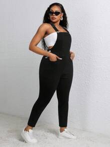 SHEIN CURVE+ 大码女式秋季牛仔背带裤，紧身黑色牛仔连体裤 - 黑色 - 查看 5