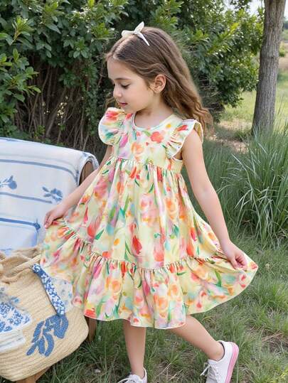 SHEIN 年轻女孩花卉盖袖中长连衣裙