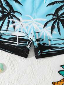 Young Boy Blue Beach Wave & Coconut Tree Print Swim Trunks, Random Print Pattern, Comfortable Swimwear