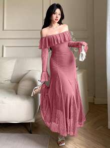DAZY Women's Sexy Wrap Midi Dress, Spring/Summer Elegant,Ruffle - Dusty Pink - View 3