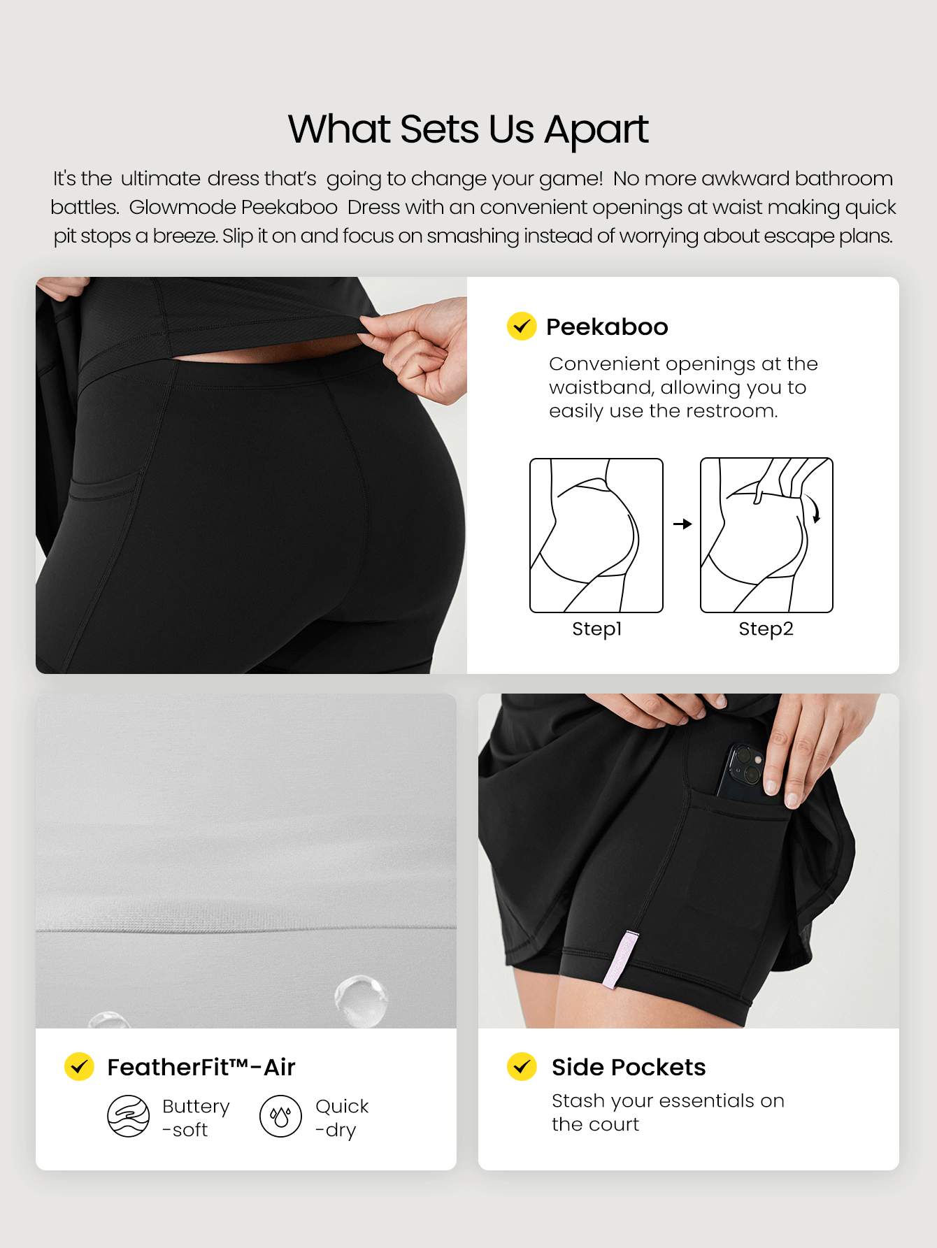 GLOWMODE FeatherFit™-Air 为胜利而生 吸汗快干 Peekaboo 内置罩杯 交叉系带后背圆领运动连衣裙 内置短裤 侧袋 防滑握把 低冲击网球 高尔夫 匹克球 日常穿着 - 黑色 - 查看 2