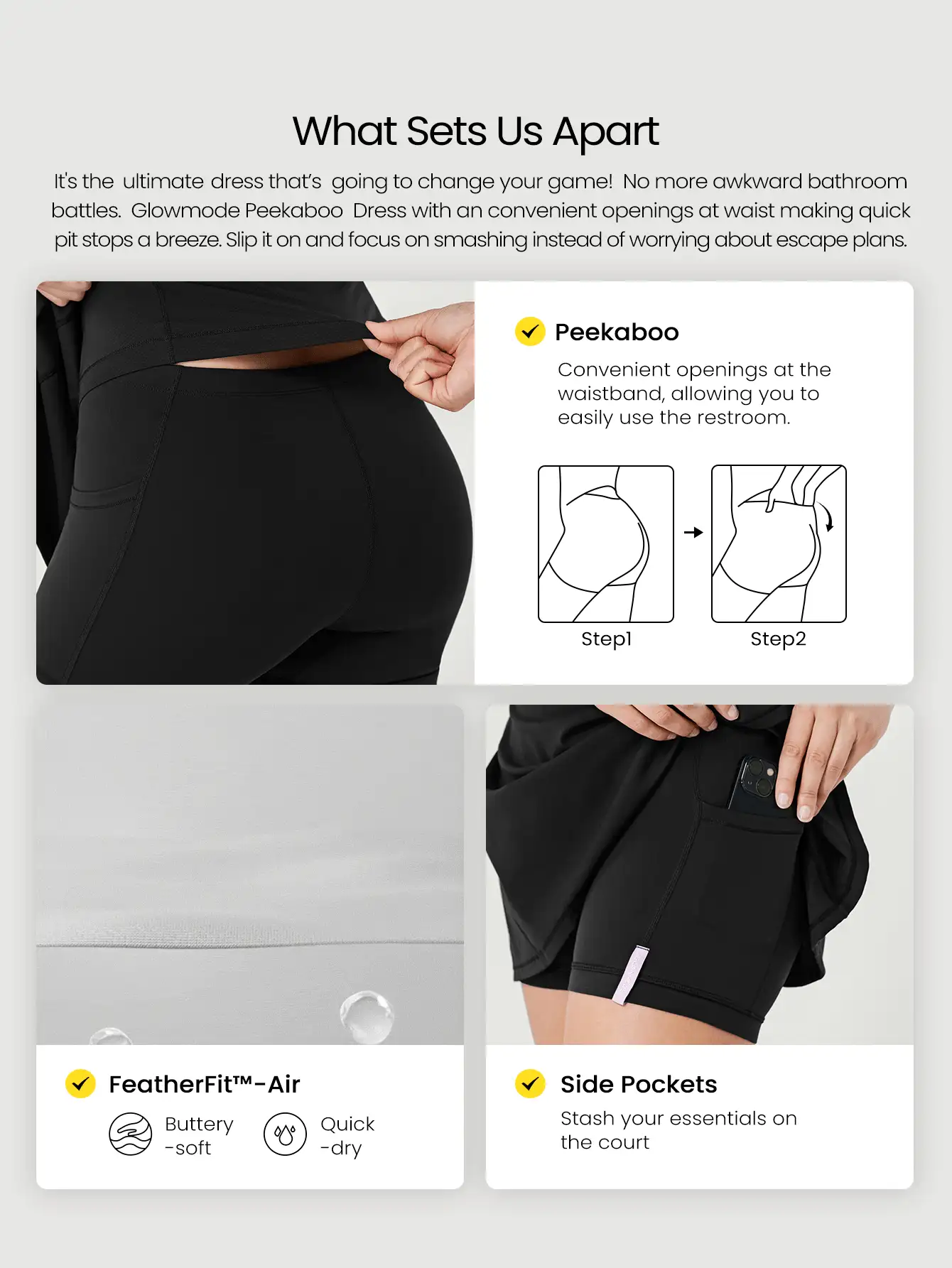 GLOWMODE FeatherFit™-Air 为胜利而生 吸汗快干 Peekaboo 内置罩杯 交叉系带后背圆领运动连衣裙 内置短裤 侧袋 防滑握把 低冲击网球 高尔夫 匹克球 日常穿着 - 黑色 - 查看 2