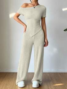 Flirla 2 pezzi/set, maglietta casual asimmetrica al collo + pantaloni a vita bassa a gamba ampia, abbigliamento da relax