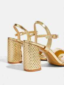 CUCCOO TILAWA Women's Gold Square Toe Woven Texture Block Heel Sandals, High Heel Slip-On Shoes - Gold - View 10