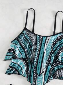 Swim Lushoire 2pcs Tankini Set Print Summer Beach Double Layer Ruffle Hem Cami Top & Shorts Set - Multicolor - View 5