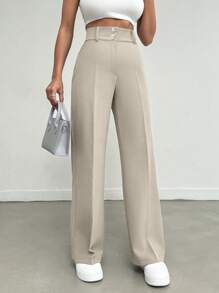 EURMUSE Women's Solid Color Elegant High Waist Long Straight Pants With Pleated And Button Details On Waist