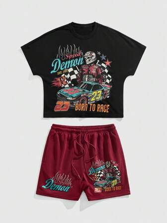 Street Life Conjunto casual de camiseta de manga corta con cuello redondo con gráfico de letra y automóvil y pantalones cortos con cordón en la cintura para hombre