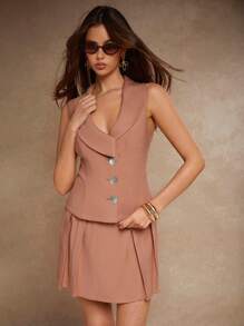 COSMINA 女士休闲纯色褶皱 A 字裙，夏季 - 橘色 - 查看 5