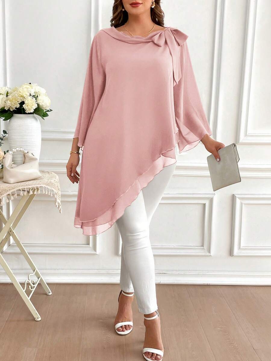 Reflora Plus Size Elegant Solid Color Bowknot Asymmetric Hem Blouse