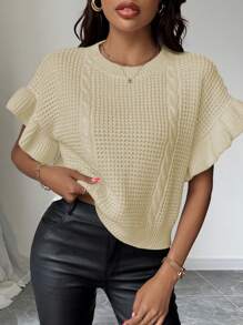 SHEIN Unity Women's Casual Knitted Vest With Ruffle Hem And Cable Cable Pattern - Apricot - View 5