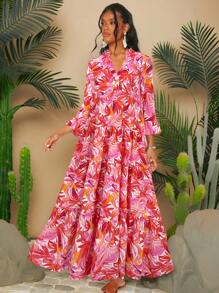 Travachic Tropical Print Chiffon Ruffled Halter Neck Dress, Perfect For Holiday - Red - View 1