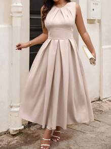 Cravure 加大码纯色圆领褶皱休闲夏季长款女装 - 粉色 - 查看 4