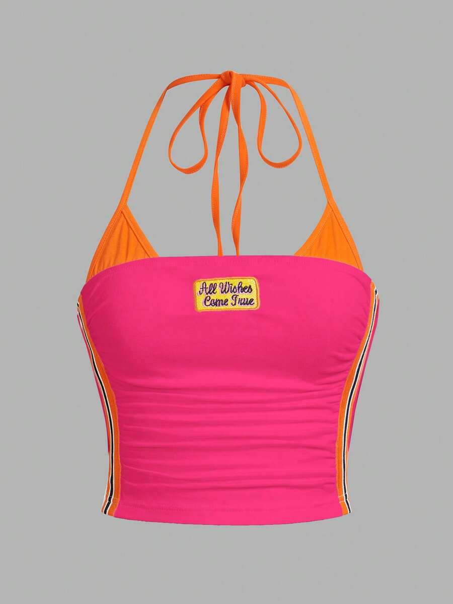 SHEIN ICON Y2k Summer Casual Color-Block Crop Top With Bikercore Letter Embroidery Contrast Binding Halter, Slim Fit,Rave Top - Hot Pink - View 1