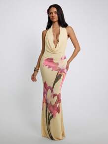 Aloruh Women's Sexy Backless Halter Dress With Floral Print Maxi Dress Women Summer Dress Women Summer Outfits For Women Vacation Outfits Woman Butter Yellow Dress Butter Yellow Dress