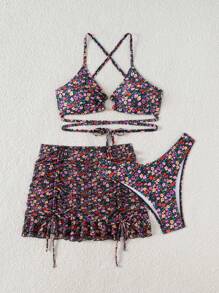 Swim Mod 3pcs Women Summer Vacation Beach Ditsy Floral Bikini Set - Multicolor - View 5