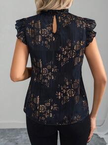 SHEIN Clasi Women Elegant Ruched Ruffled Collar Gold Foil Floral Print Cap Sleeve Fitted Blouse - Navy Blue - View 2
