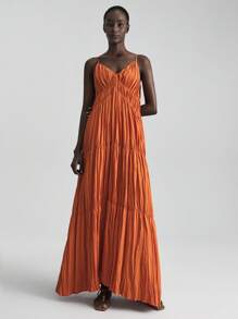 Ontre 2025 Women's Vacation Solid Color Ruffle Hem Sleeveless Dress, Bohemian Style, Suitable For Ibiza Island, Vacation, Festival, Orange