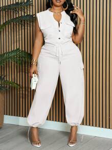 Slaydiva Plus Size Women's Elegant & Commute & Daily Solid Yellow Sleeveless Collar Open Front Drawstring Waist Jumpsuit With Pockets, Adjustable Ankle Hem, Spring/Summer - White - View 7