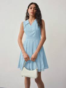 MOTF STUDIO VESTIDO PLISADO CON ENCAJE DE CONTRASTE - Azul - Ver 5