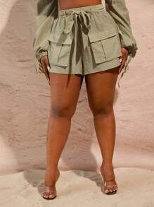 SHEIN SXY Plus Size Women's Green Solid Color Waist-Tie Cargo Pocket Casual Shorts With Free Belt, Elegant For Spring/Summer Dating, Club, Valentine's Day, Wedding - Green - View 9