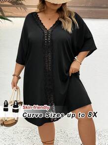SHEIN CURVE+ Đầm che tay cánh dơi phối ren Guipure cỡ lớn phong cách Boho Holiday - màu đen - Xem 1