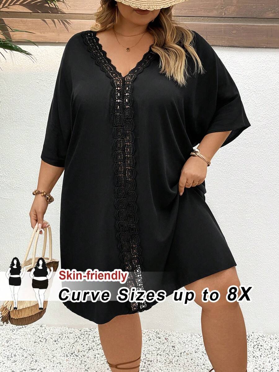 SHEIN CURVE+ Đầm che tay cánh dơi phối ren Guipure cỡ lớn phong cách Boho Holiday - màu đen - Xem 1