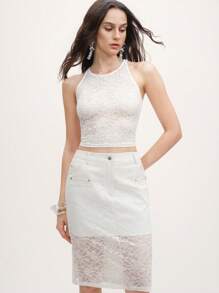 SHEIN LUNE 2 件套：蕾丝边吊带背心和蕾丝拼布直筒裙 - 白色 - 查看 5