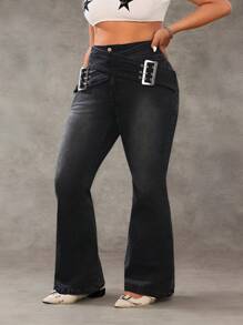 SHEIN ICON Plus Size Women Flare Jeans, Casual, Suitable For Summer - Black - View 4