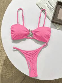 Swim Vcay 针织提花性感细肩带金属比基尼 - 粉色 - 查看 4