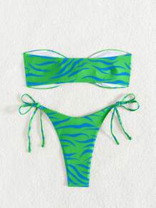 Swim Vcay 夏日度假海滩斑马纹抹胸比基尼套装，随机印花